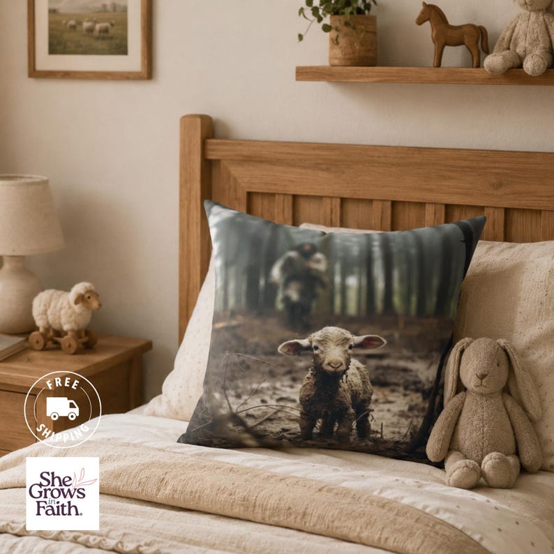 Shepherd Design Pillow Jesus Lamb Biblical Artwork Christian Faith Expression Polyester Cushion Cover Sofa Accent Construction Devotional Home Styling Religious Gift Present Spiritual Living Space Comfort Inspirational Room Essential
