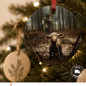 Jesus and Lamb Tree Ornament He Left the 99 Faith Inspired Christmas Ornament Christian Gift Religious Keepsake Shepherd Design Metal Round image 6