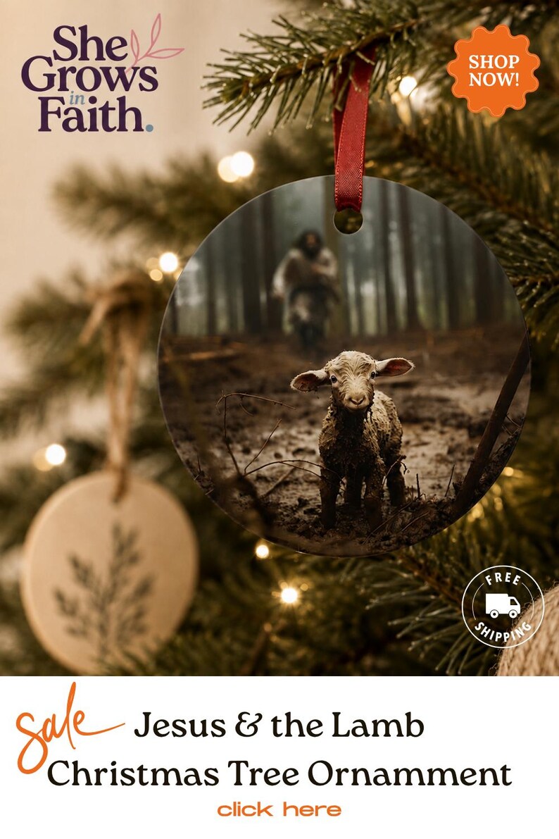 Jesus and Lamb Tree Ornament He Left the 99 Faith Inspired Christmas Ornament Christian Gift Religious Keepsake Shepherd Design Metal Round image 6