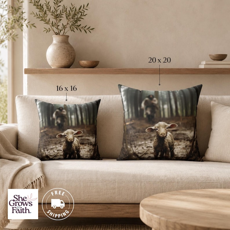 Regalos cristianos para mujeres: Almohada de Jesús, decoración del hogar con temática de fe, almohada cristiana con diseño de oveja perdida, cojín cuadrado, decoración cristiana para dormitorio, Navidad. imagen 4