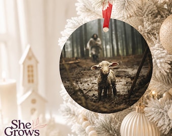 Jesus and Lamb Tree Ornament He Left the 99 Faith Inspired Christmas Ornament Christian Gift Religious Keepsake Shepherd Design Metal Round