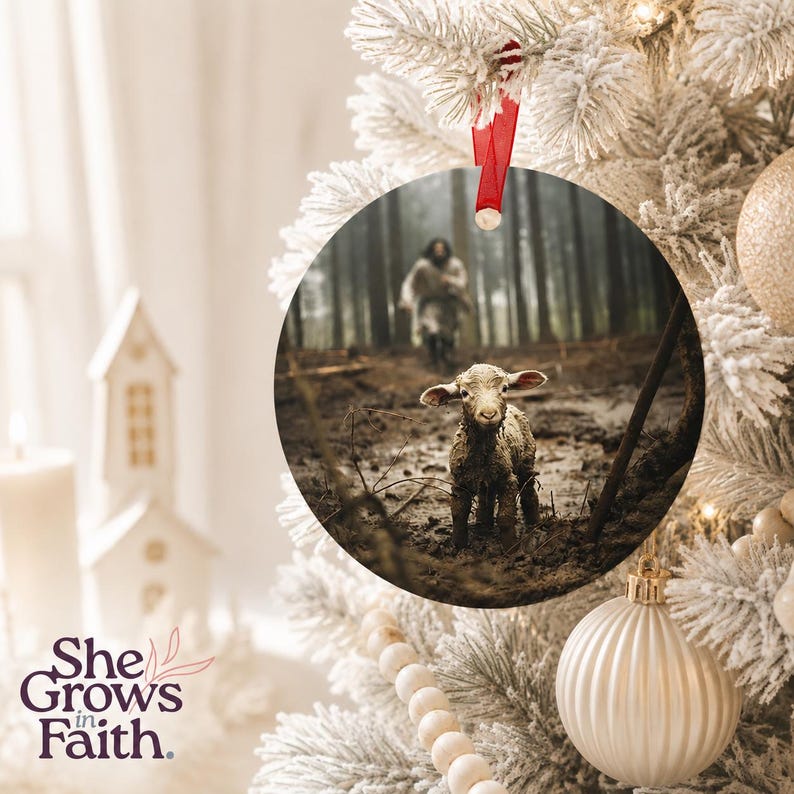 Jesus Shepherd Design Christmas Ornament Metal Round Aluminum Construction Lamb Tree Hanging Display Christian Gift Keepsake Collection He Left The Ninety Nine Biblical Message Spiritual Holiday Styling Glossy Finish Durable Quality