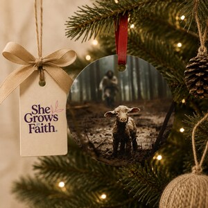 Christmas Tree Ornament Jesus And Lamb Design Metal Round Hanging Display Christian Keepsake Gift Collection Shepherd Theme Biblical Message He Left Ninety Nine Aluminum Construction Glossy Finish Spiritual Holiday Styling Religious Present