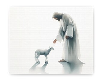 Arte de parede cristã espiritual em aquarela com Jesus e o Cordeiro