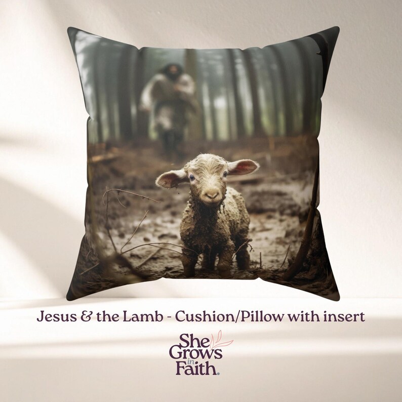 Faith Artwork Lamb Shepherd Design Jesus Pillow Cover Christian Devotional Accent Polyester Cushion Construction Biblical Imagery Display Sofa Styling Essential Religious Gift Present Spiritual Home Comfort Inspirational Living Space