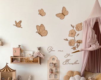 Nursery decor wooden butterflies and flowers, wooden words and dollhouse, wall decorations girl, boho nursery decor, baby girl room decor