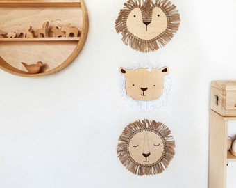 Nursery decor wooden lion with cotton mane, boho nursery decor for girl or boy, safari nursery decor for teen girls, baby nursery decor