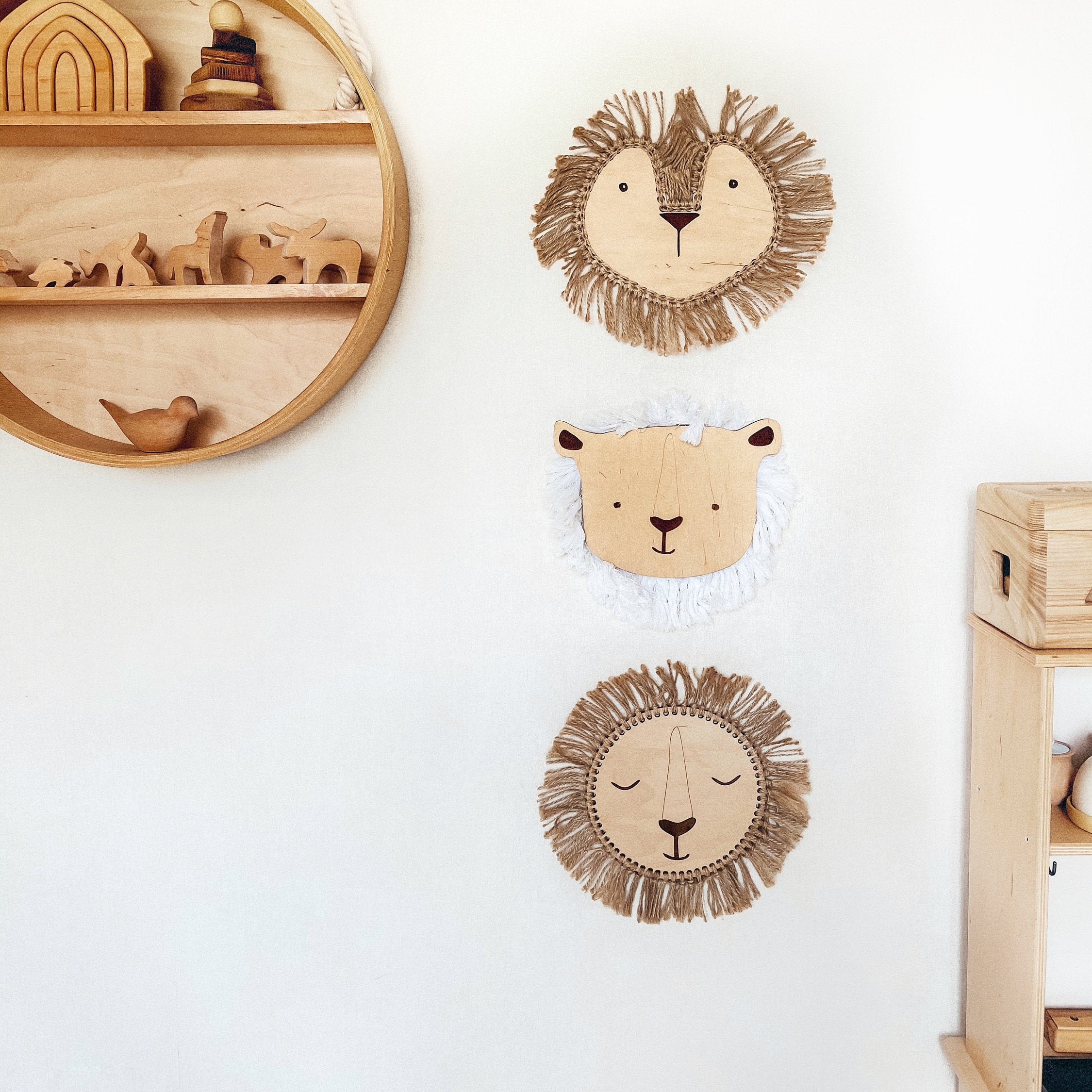 Nursery decor wooden lion with cotton mane boho nursery decor Etsy