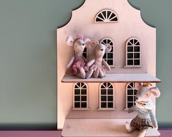 Pretend Play Mini House, Wooden Dollhouse for Kids Room Decor, Nursery Wall Decoration, Holiday Gift Idea for Girls, Montessori Room Accent