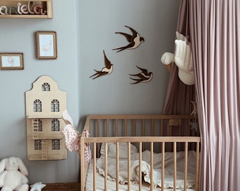 Nursery decor wooden birds and dollhouse, girls room decor, nursery wall decor, boho nursery decor, baby boy gift, baby nursery decor