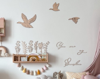 Wooden nursery decor swans, flowers and words,You are my sunshine,boho nursery decor for boy & girl,playroom decor,wood words,wooden flowers