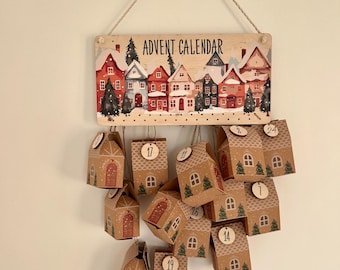 Wooden Christmas Advent Calendar, Birch Plywood Wall Decor with Pockets for Small Gifts, Reusable Holiday Countdown, Toddler Gift