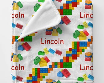 BUILDING BLOCKS Personal Custom Name Blanket Gift For Kids, Personalized Toy Themed Blanket For Boys, Construction Themed Gift Babyblanket