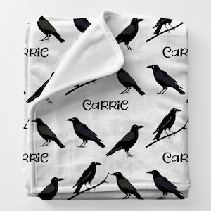 CROWS Gift Blanket, Custom Name Blanket Gift For Her, Birding Gift For BFF Birthday, Black Crow Art Minky Name Blanket Babyshower Gift