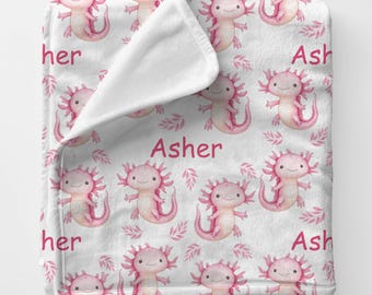 AXOLOTL Blanket, Personalized Pink Axolotl Gift, Custom Name Axolotl Plush Throw, Girls Axolotl Bedding, Fish Lover Gift, Aquarium Animal