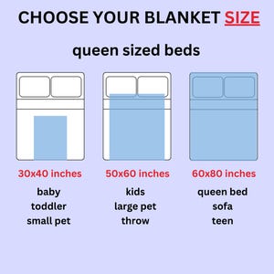 Puede incluir: Diagrama que ilustra tama&ntilde;os de mantas para camas queen. Incluye tama&ntilde;os de 76x102 cm para beb&eacute;/ni&ntilde;o peque&ntilde;o/mascota peque&ntilde;a, 127x152 cm para ni&ntilde;os/mascota grande/manta, y 152x203 cm para cama queen/sof&aacute;/adolescente.