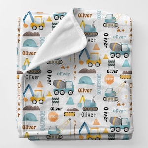 Construction Theme Personalized Plush Blanket For Boys, Best Baby Shower Construction Gift, Truck Nursery Boys Bedding Set, Boy Name Blanket
