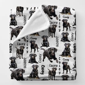 May include: White fleece blanket featuring a repeating pattern of black Labrador Retrievers in various poses. The name "Casey" is printed in a black, handwritten-style font throughout the design. The blanket is folded over, revealing a white interior.
