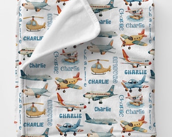 AIRPLANES Custom Name Gift Blanket, Airplane Theme Baby Gift Personal, Toddler Boy Blanket, Cute Babygirl Gift, Helicopter Girl Name Blanket