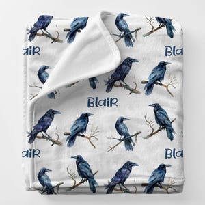 CROWS Gift Blanket, Custom Name Blanket Gift For Nan, Birding Gift For His Birthday, Black Crow Art Minky Name Blanket Babyshower Gift