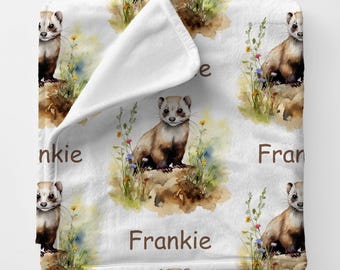 Personalized FERRET Blanket, Custom Name Pet Ferret Gift Blanket, Babyshower Gift Animal Comforter, Forest Baby Nursery, Cottage Aesthetic
