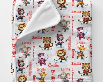 Hockey Baby Showergift, Ice Hockey Animal Name Blanket Gift, Sports Decor Boy Nursery Blanket, Sports Theme Custom Boys Room Decoration