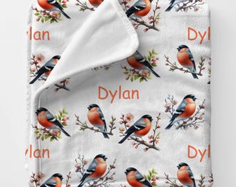 BIRD Blanket Custom Name Babyshower Gift, Robin Bird Newborn Girl Nursery Gift Blanket, Woodland Theme Boy Girl Baby Gift Personal Blanket