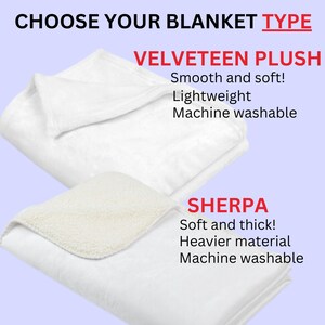 May include: Two white blankets, one folded in half and the other folded in thirds, are shown on a light purple background. The top blanket is labeled "Velveteen Plush" and the bottom blanket is labeled "Sherpa". Both blankets are described as machine washable.