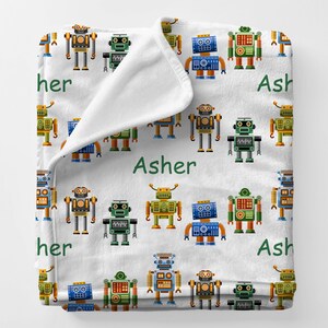 CUTE ROBOT Blanket, Personalized Baby Robot Gift, Custom Name Science Robot Plush Throw, Robot Theme Nursery Crib Bedding