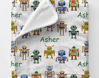 CUTE ROBOT Blanket, Personalized Baby Robot Gift, Custom Name Science Robot Plush Throw, Robot Theme Nursery Crib Bedding