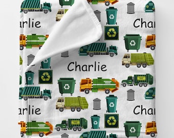 Garbage Truck Custom Blanket Gift, Personalized Swaddle Blanket Boy Birthday Present, Toddler Boy Blanket, Baby Shower Babyname Blanket Gift