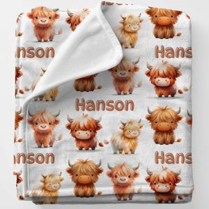 HIGHLAND COWS Blanket Babyshower Gift, Personal Custom Name Blanket For Newborn, Personalized Swaddle Name Blanket, Custom Babygirl Gift