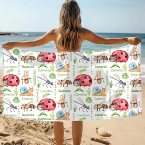 Personalized Bugs Beach Towel, Custom Name Insect Lover Bath Towel