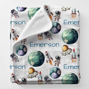 SPACE Personal Custom Name Blanket Gift For Baby Boy Astronaut, Personalized Baby Boys Name Blanket, Space Planets Galaxy Birthday Present