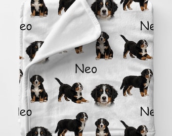 BERNESE MOUNTAIN DOG Blanket, Personalized Bernese Mountain Dog Puppy Gift, Custom Name Bernese Plush Throw, Bernese Puppy Bedding