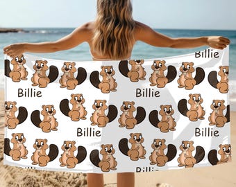 Personalized Beaver Beach Towel, Custom Name Bath Towel, Toddler Gift