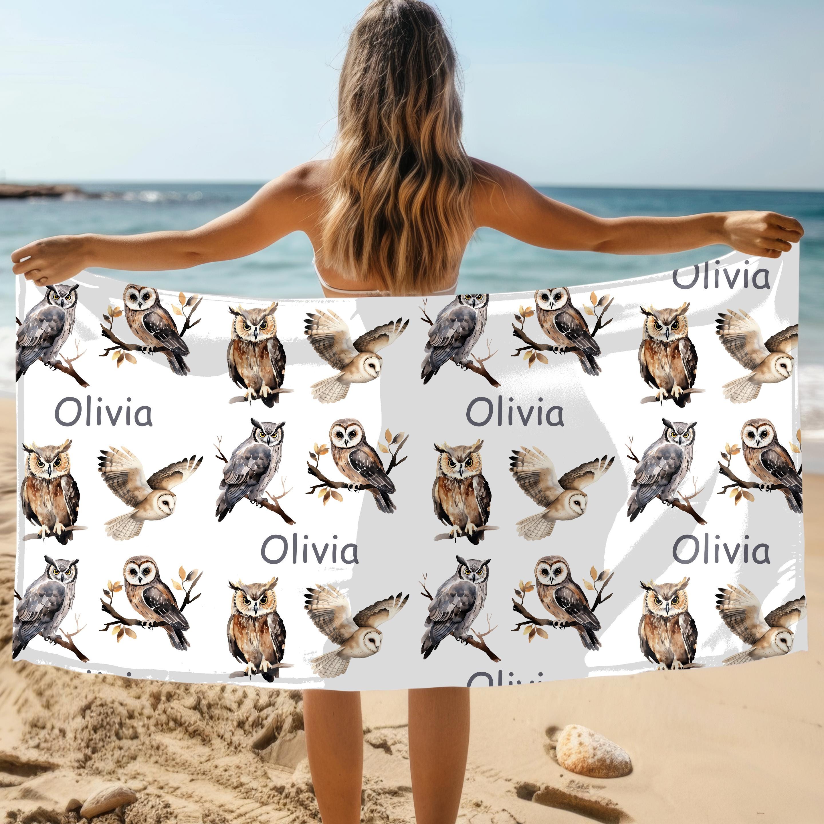 OWLS TOWEL, Personalized Barn Owl Towel Gift, Custom Name Horned Owl Beach Towel, Toddler Boy Bird T