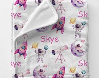 SPACE Girl Name Blanket, Personalized Outer Space Gift Blanket, Custom Astronaut Gift For Birthday Girl, Pink Space Rocket For Babygirl