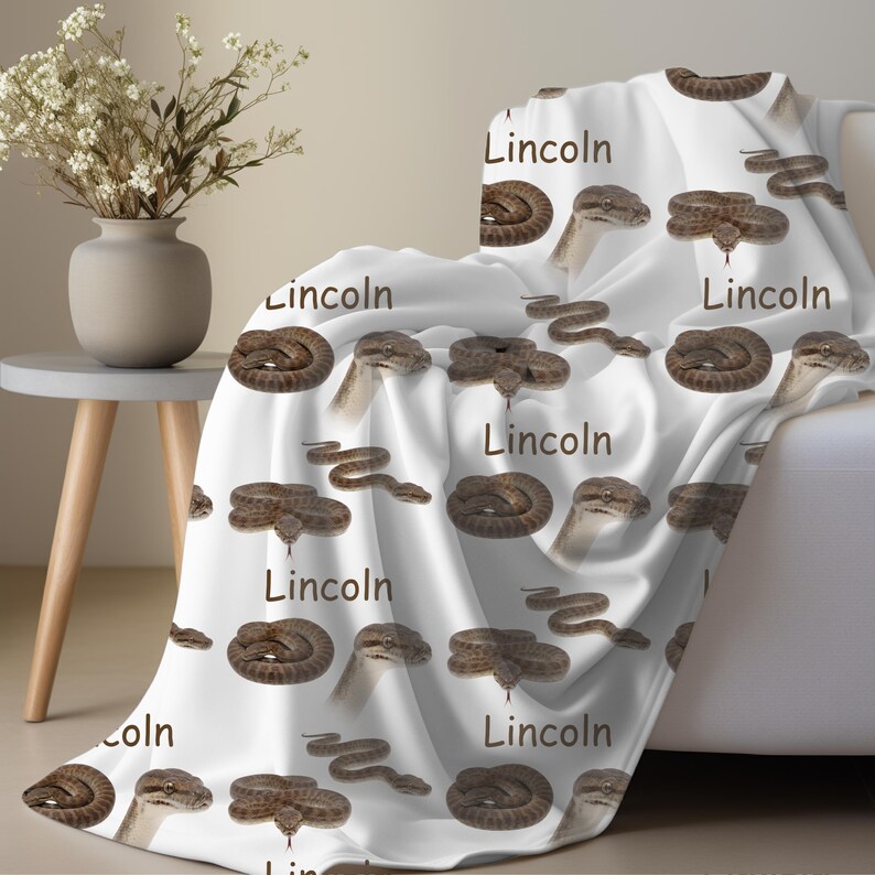 May include: White blanket with a repeating pattern of brown snakes and the name "Lincoln" in a dark brown font. The snakes are in various poses, some coiled and others stretched out. The blanket is draped over a white couch.