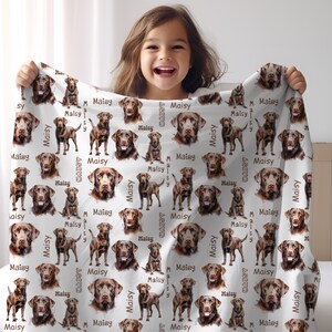 Puede incluir: Una manta blanca con un patr&oacute;n repetido de ilustraciones de Labrador Retriever marrones y el nombre "Maisy". La manta muestra varias poses de los perros, incluyendo de pie y sentados, con el nombre "Maisy" impreso verticalmente.