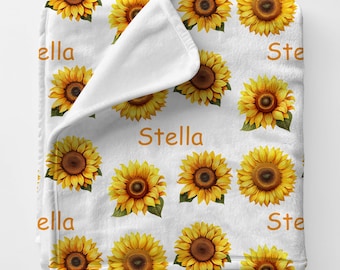 SUNFLOWERS Personal Custom Name Blanket Gift For Her, Personalized Garden Theme Birthday Gift For Bestie, Swaddling Blanket Babyshower Gift