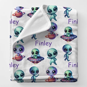 ALIEN Blanket, Sci Fi Custom Name Gift Blanket, Spooky Halloween Babyname Blanket, Weird Aliens Bestie Birthday Gift UFO Flying Saucer