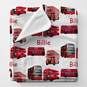 DOUBLE DECKER BUS Blanket, Personalized British Double Decker Bus Gift, Custom Name Red Double Decker Bus Plush Throw, Babyshower Bedding