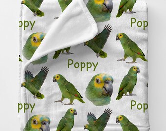 Manta de loro amazónico, regalo personalizado de loro amazónico, manta de peluche de loro amazónico con nombre personalizado, loro amazónico de frente azul, ropa de cama para pájaros