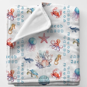 Ocean Theme Boys Name Blanket Gift, Personalized Beachy Décor Minky Blanket, Sea Theme Nursery Babyname Blanket, Custom Baby Showergift