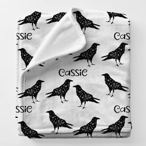 CROWS Gift Blanket, Custom Name Blanket Gift For Gigi, Birding Gift For Teen Birthday, Black Crow Art Minky Name Blanket Babyshower Gift