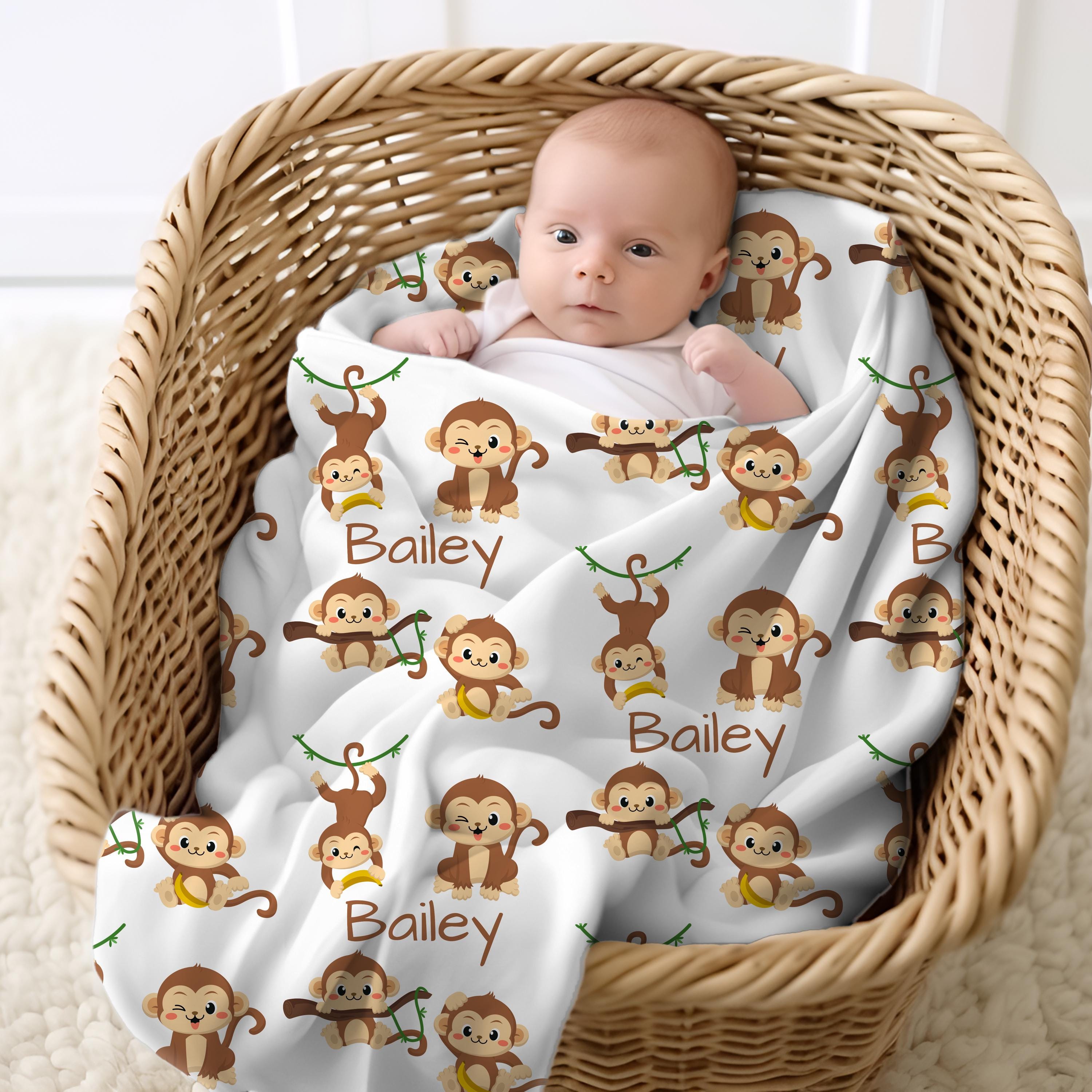 Custom Name Baby Blanket With Monkey Print - Personalized Swaddle Or Throw Blanket For Kids, Toddlers, Newborn Gift