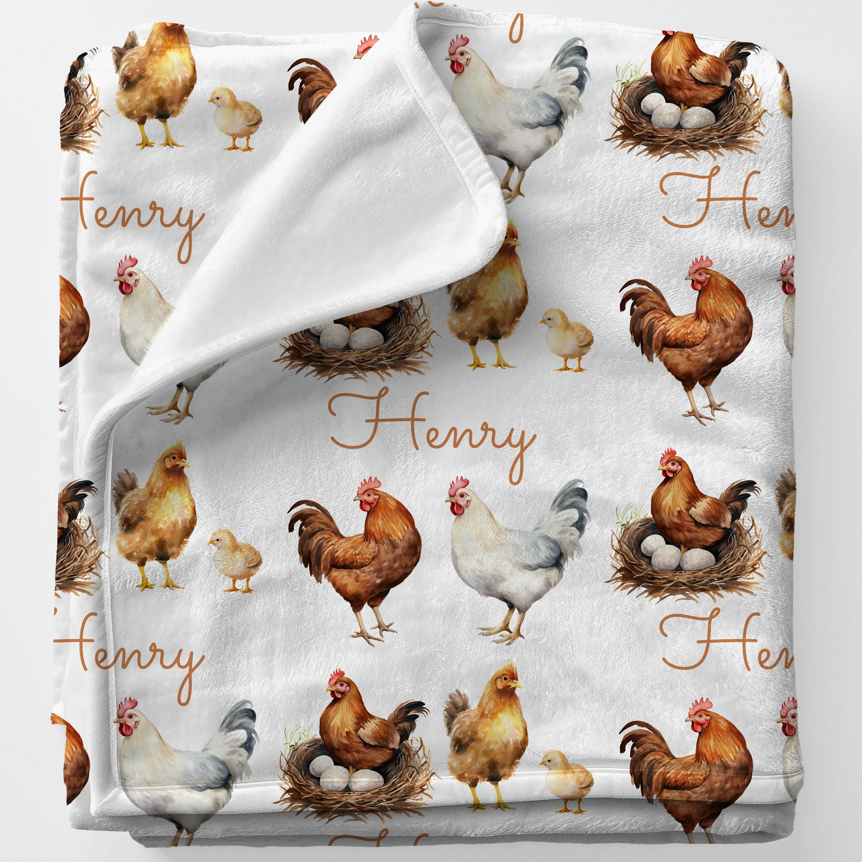 CHICKENS Personal Custom Name Blanket Gift For Babyboy, Personalized Chicken Giftidea For Baby Shower, Farmhouse Hens And Roosters Gift