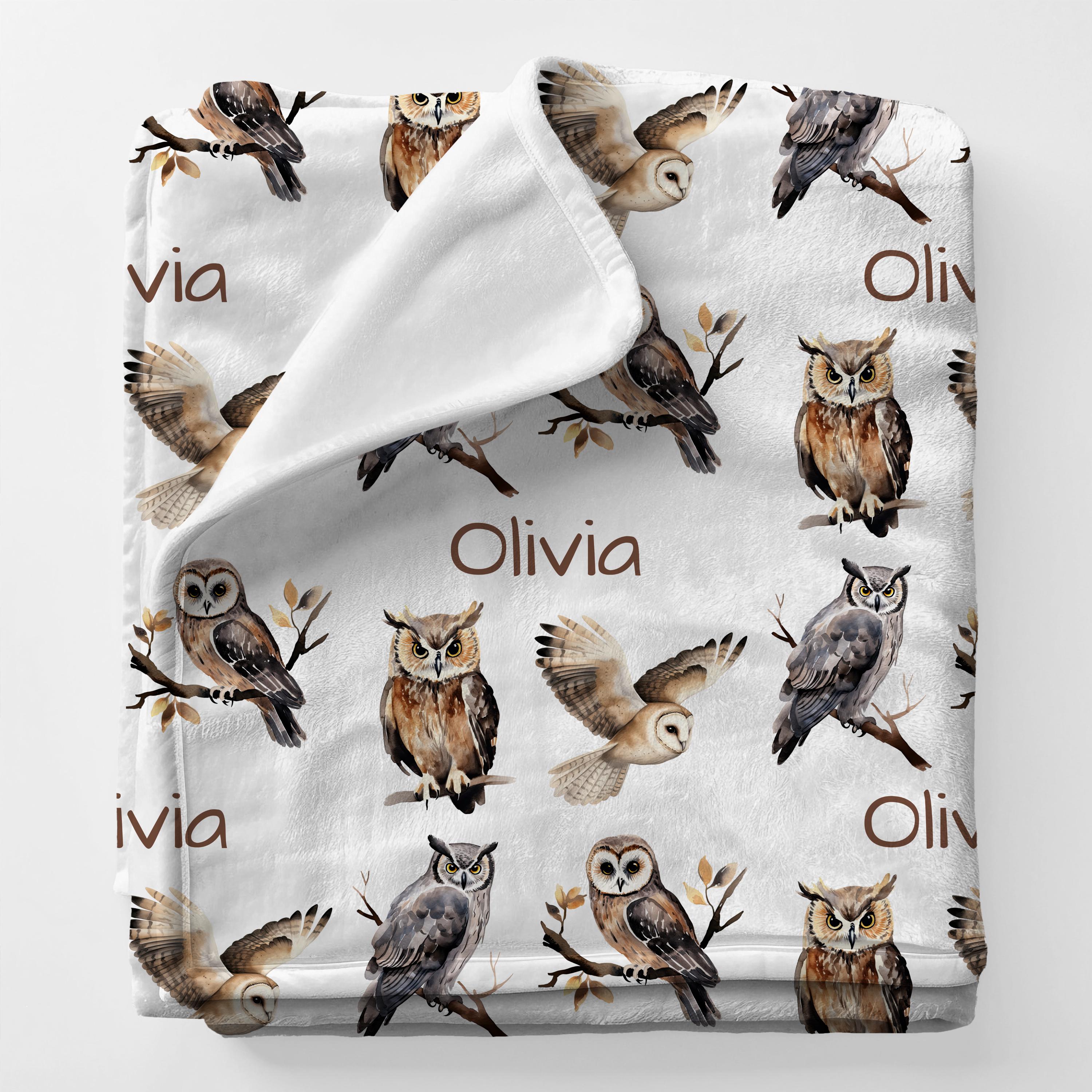 OWLS Personal Custom Name Blanket Gift For Dad, Personalized Birdwatcher Birthday Gift, Newborn Girl