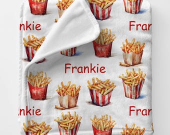 FRIES Personal Custom Name Blanket Gift For Mom, Personalized French Fry Gift Blanket For Fast Food Lover, Bestfriend Birthday Gift For BFF